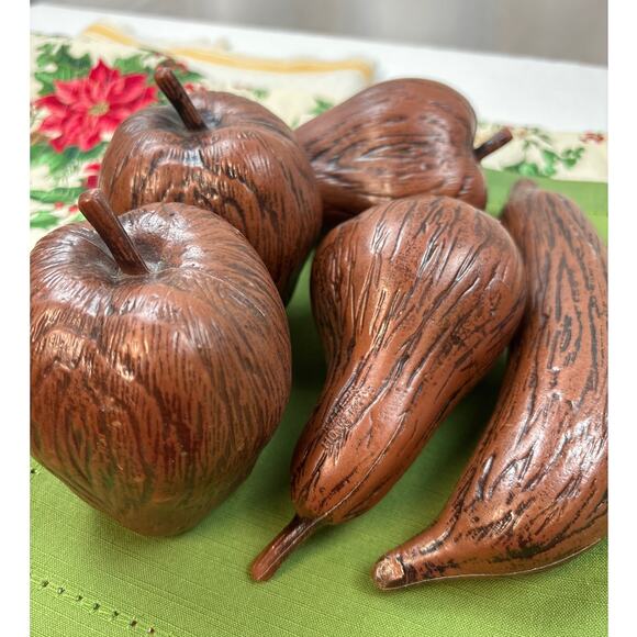 Plastic Fruit Vintage Wood Look Wood Grain Life Sized Banana Apples Pear 1970s - Picture 2 of 5